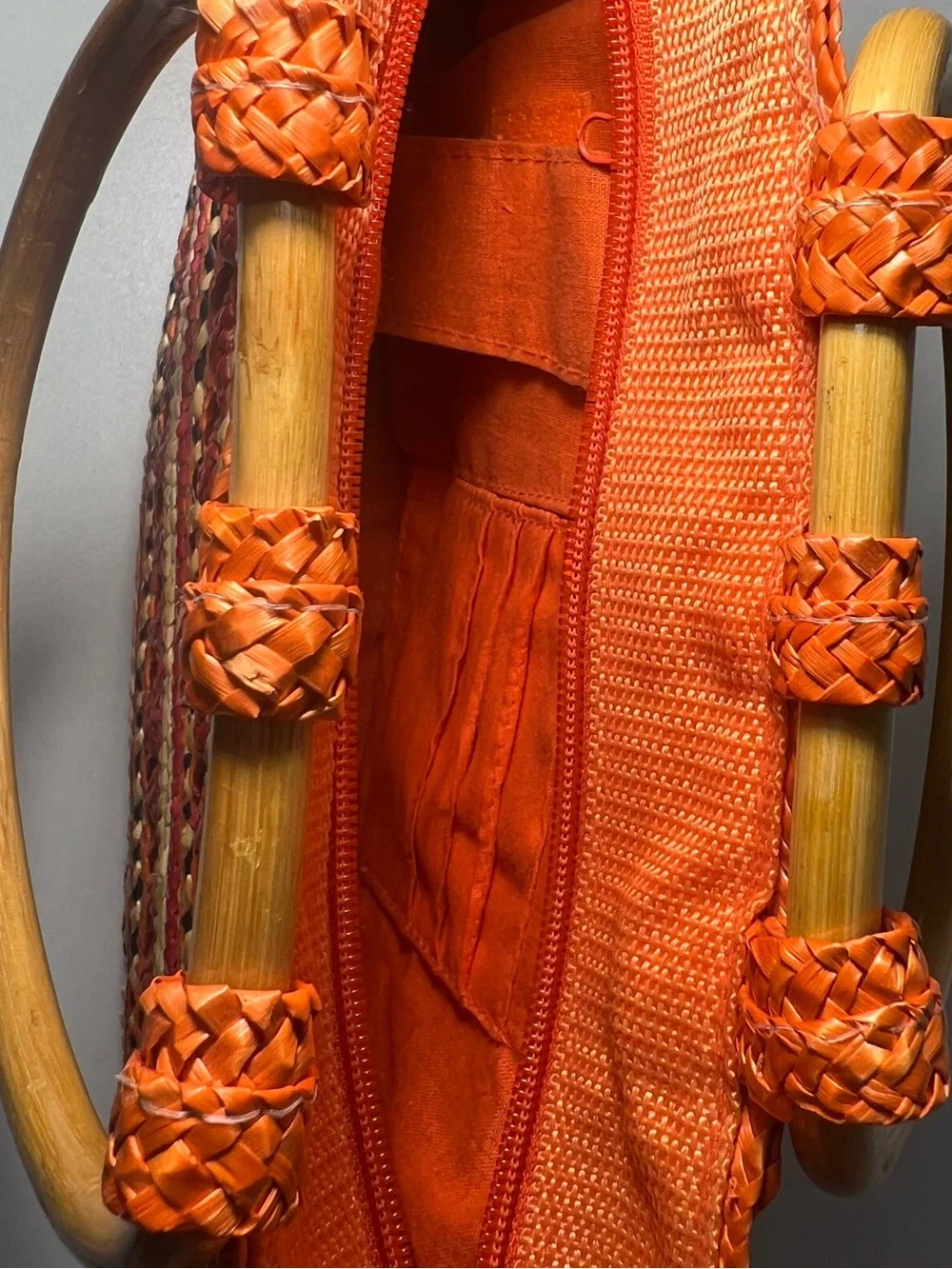 Woven Straw Tote Bag with Bamboo Handles - Orange Stripe